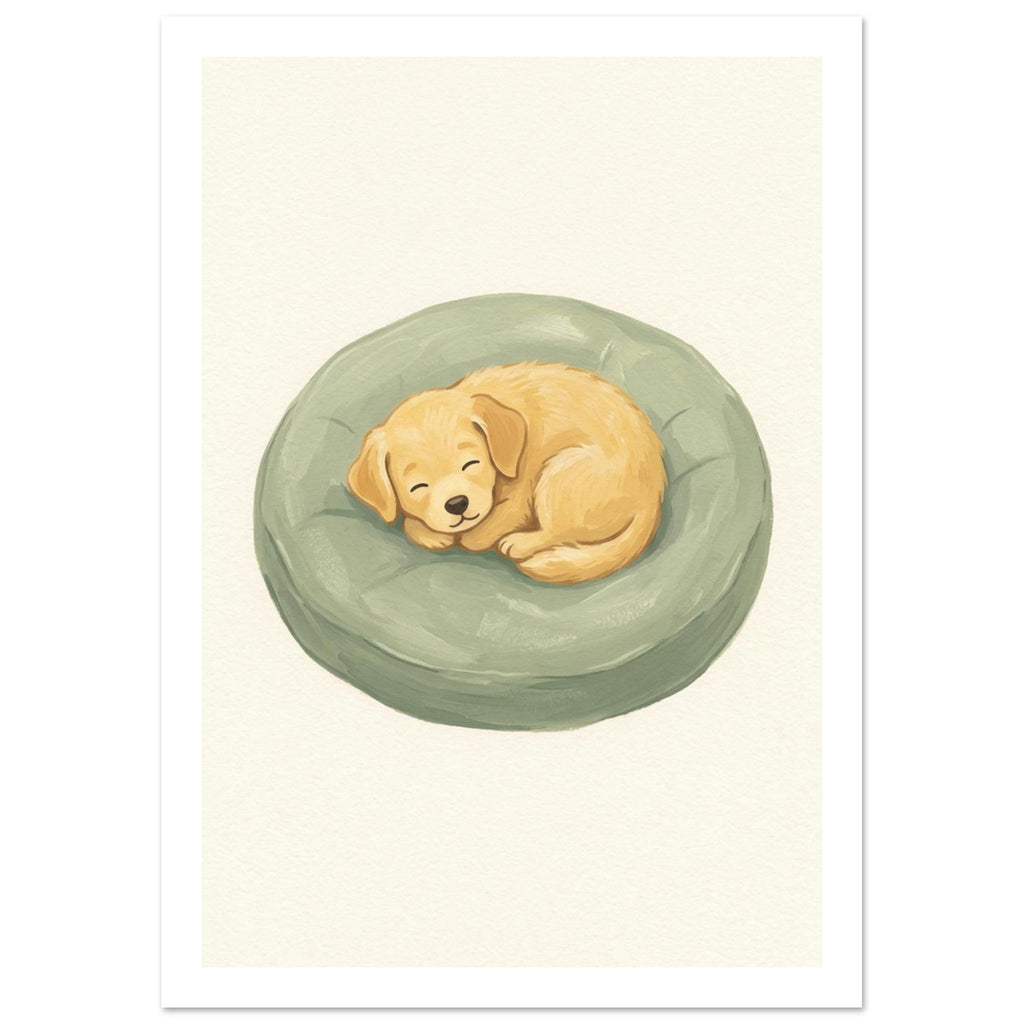 Golden puppy sleeping curled up on a round sage-green cushion against a textured cream background.