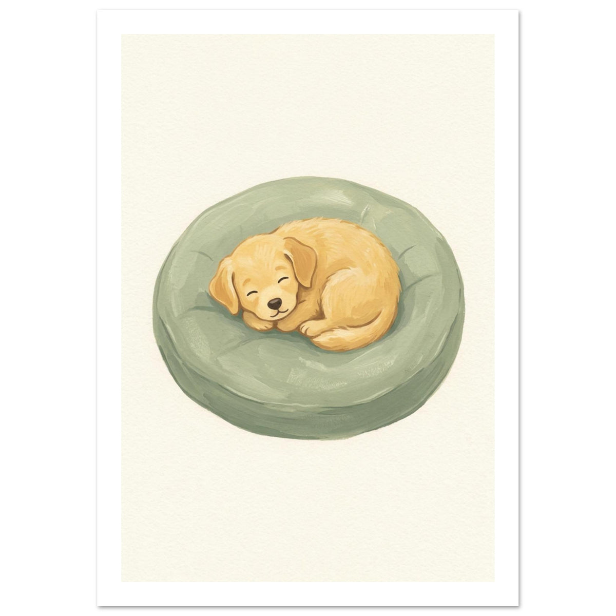Golden puppy sleeping curled up on a round sage-green cushion against a textured cream background.