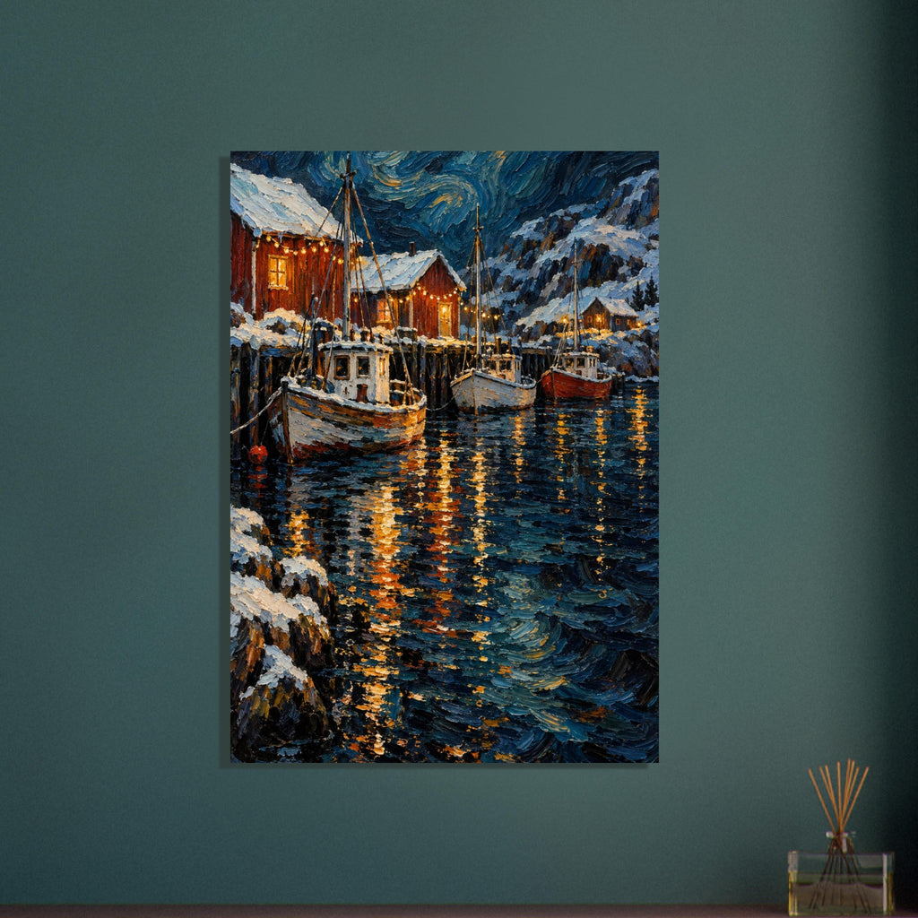 Christmas Eve Harbour shows three moored boats and snowy sheds beneath warm bulbs, with thick orange reflections across petro