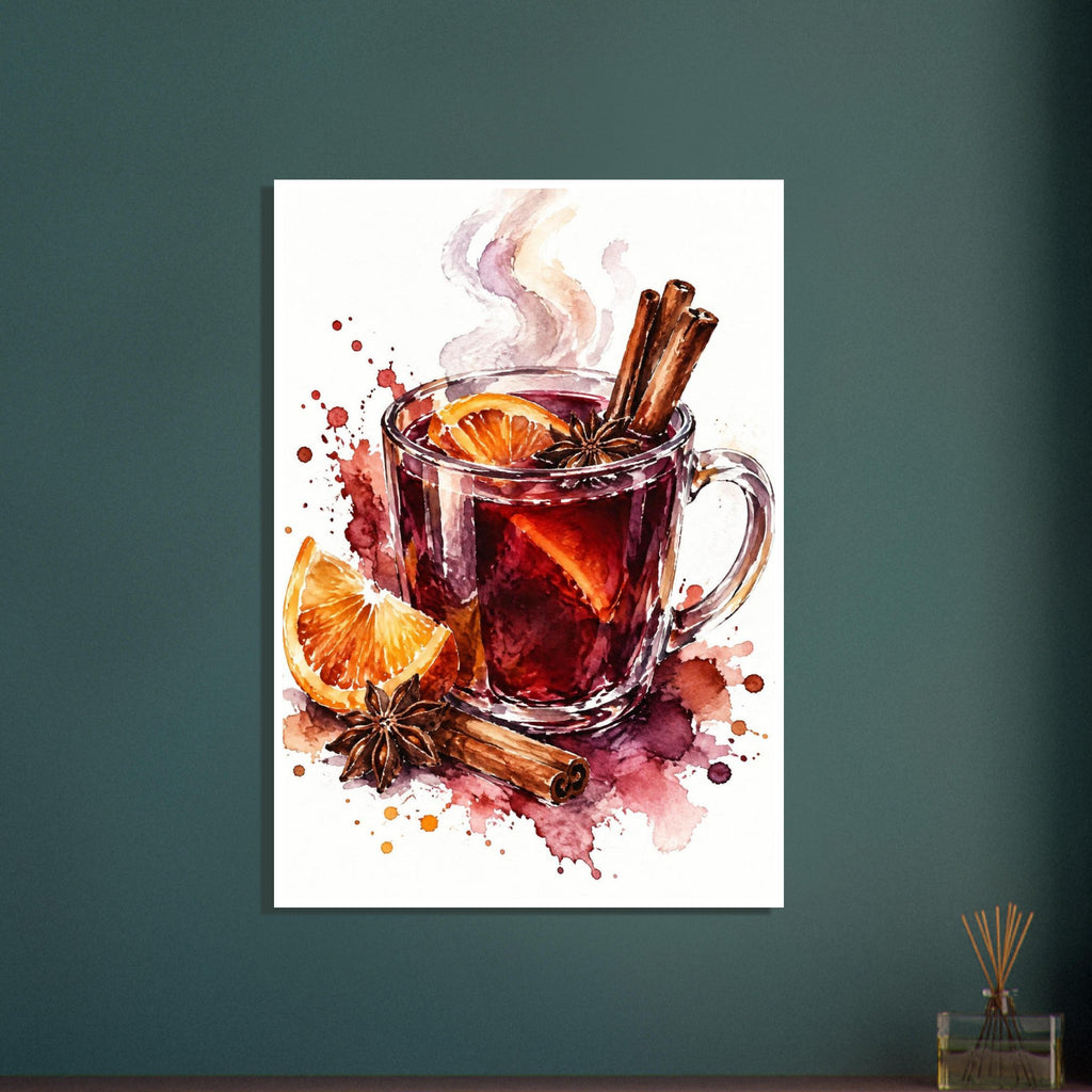 Steaming glass mug of red mulled wine with orange slices, cinnamon sticks and star anise, painted in watercolour.