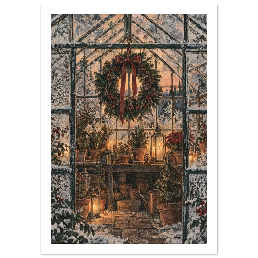 Christmas wreath with a red bow in a frosted greenhouse filled with potted plants, candles and glowing lanterns.
