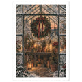Christmas wreath with a red bow in a frosted greenhouse filled with potted plants, candles and glowing lanterns.