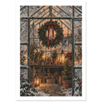 Christmas wreath with a red bow in a frosted greenhouse filled with potted plants, candles and glowing lanterns.
