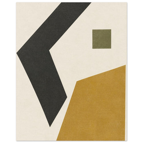 Charcoal angular band, ochre polygon and small olive square on a textured cream background.