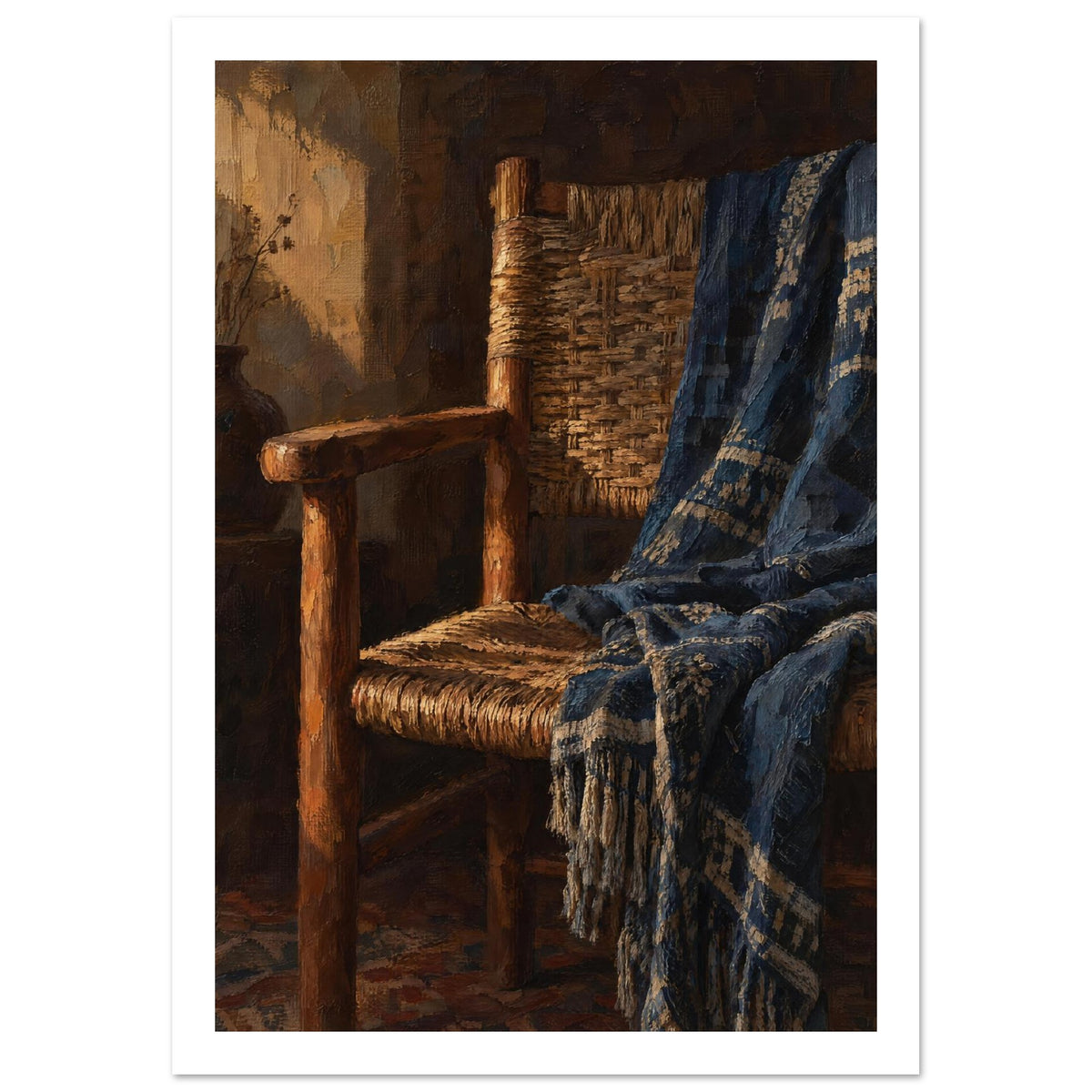 Wooden woven chair draped with a patterned blue fringed throw, painted in warm light against a dark brown interior.