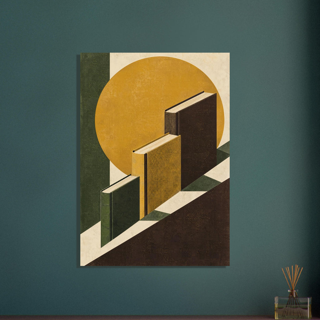 Three upright books in green, mustard and brown on a diagonal, with a mustard circle and textured geometric background.