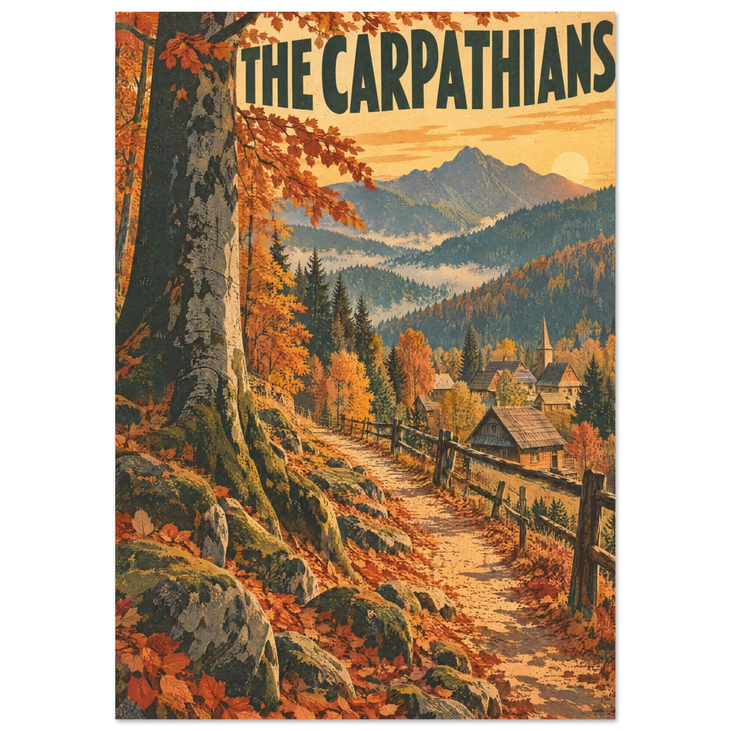 Carpathians travel poster with orange autumn trees, a winding path, wooden village houses and layered mountain peaks.