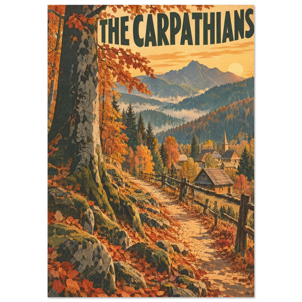 Carpathians travel poster with orange autumn trees, a winding path, wooden village houses and layered mountain peaks.