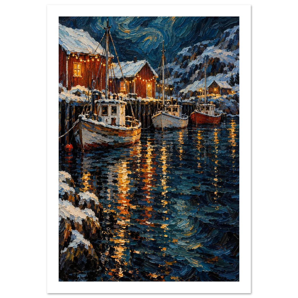 Snowy Harbour Boats Art Print – White Border
