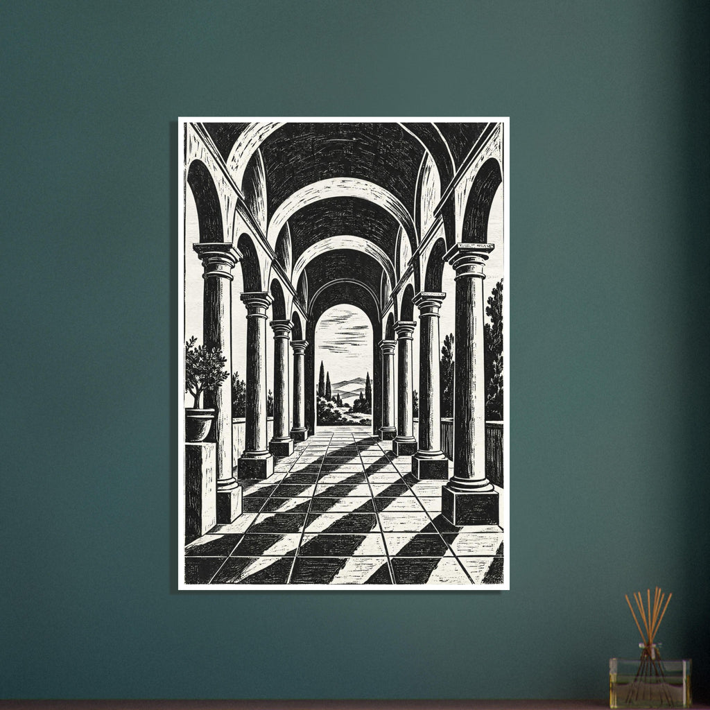 Arched colonnade with tall columns, vaulted ceilings and diagonal shadows on a tiled floor, opening onto trees and hills.