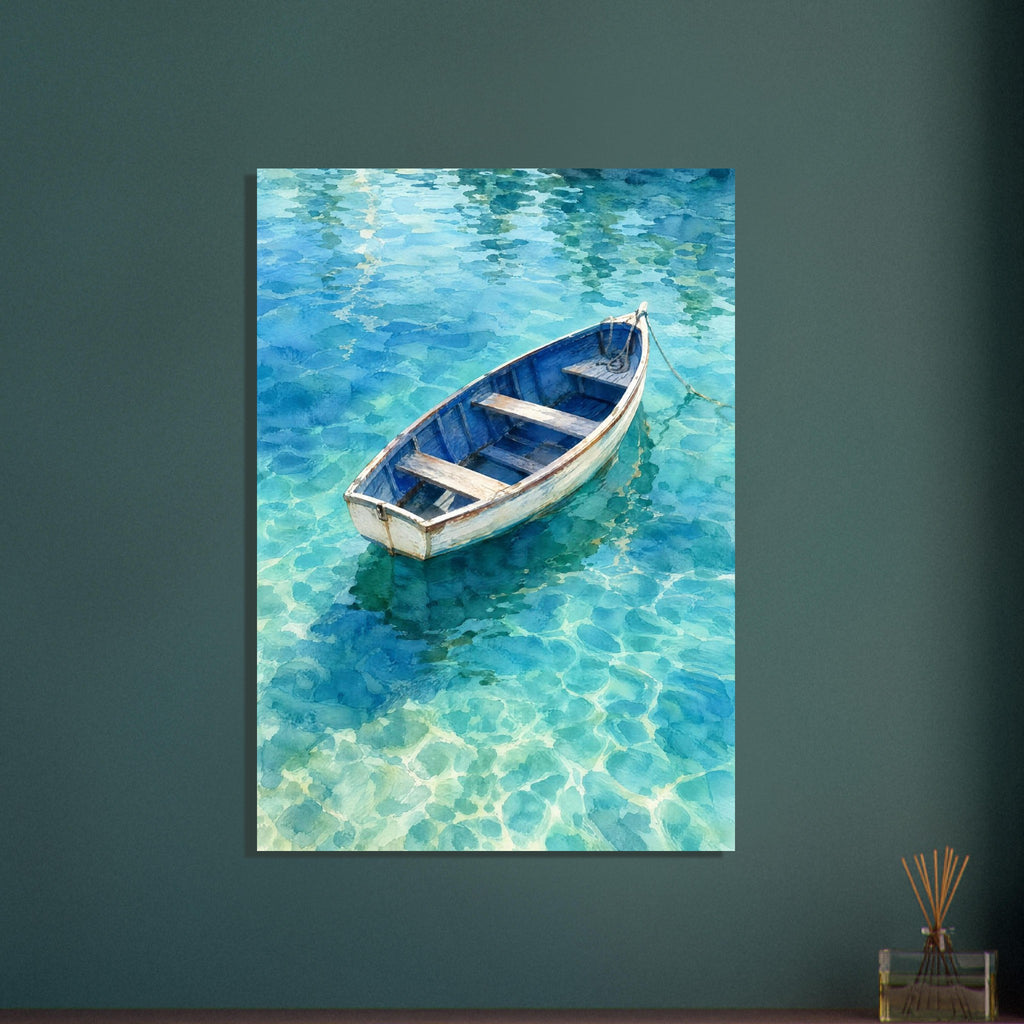 White wooden rowing boat with a blue interior floating on turquoise water, surrounded by rippled reflections.