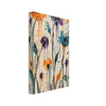 Orange, purple and teal flowers with slender dark stems, leaves and paint drips on a textured cream background.