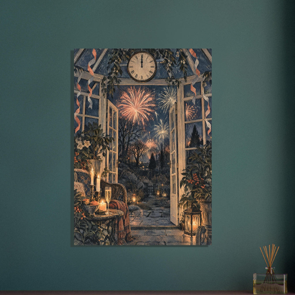 Conservatory with open doors, candles, leafy plants and a Roman numeral clock overlooking fireworks above a dark garden.