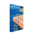 Swimming ladder descending from a peach platform into blue sea, with a red lifebuoy, sailboat and tree-lined stone terrace.