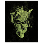 Green frog sitting on a toilet reading a newspaper, illustrated with etched-style lines on a textured black background.