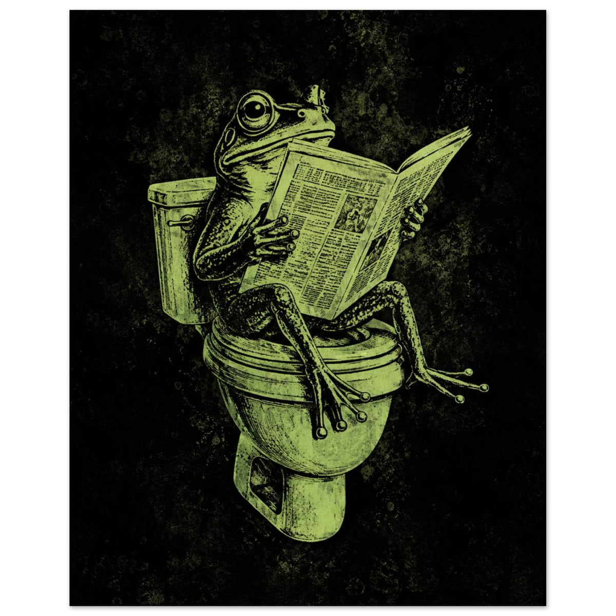 Green frog sitting on a toilet reading a newspaper, illustrated with etched-style lines on a textured black background.