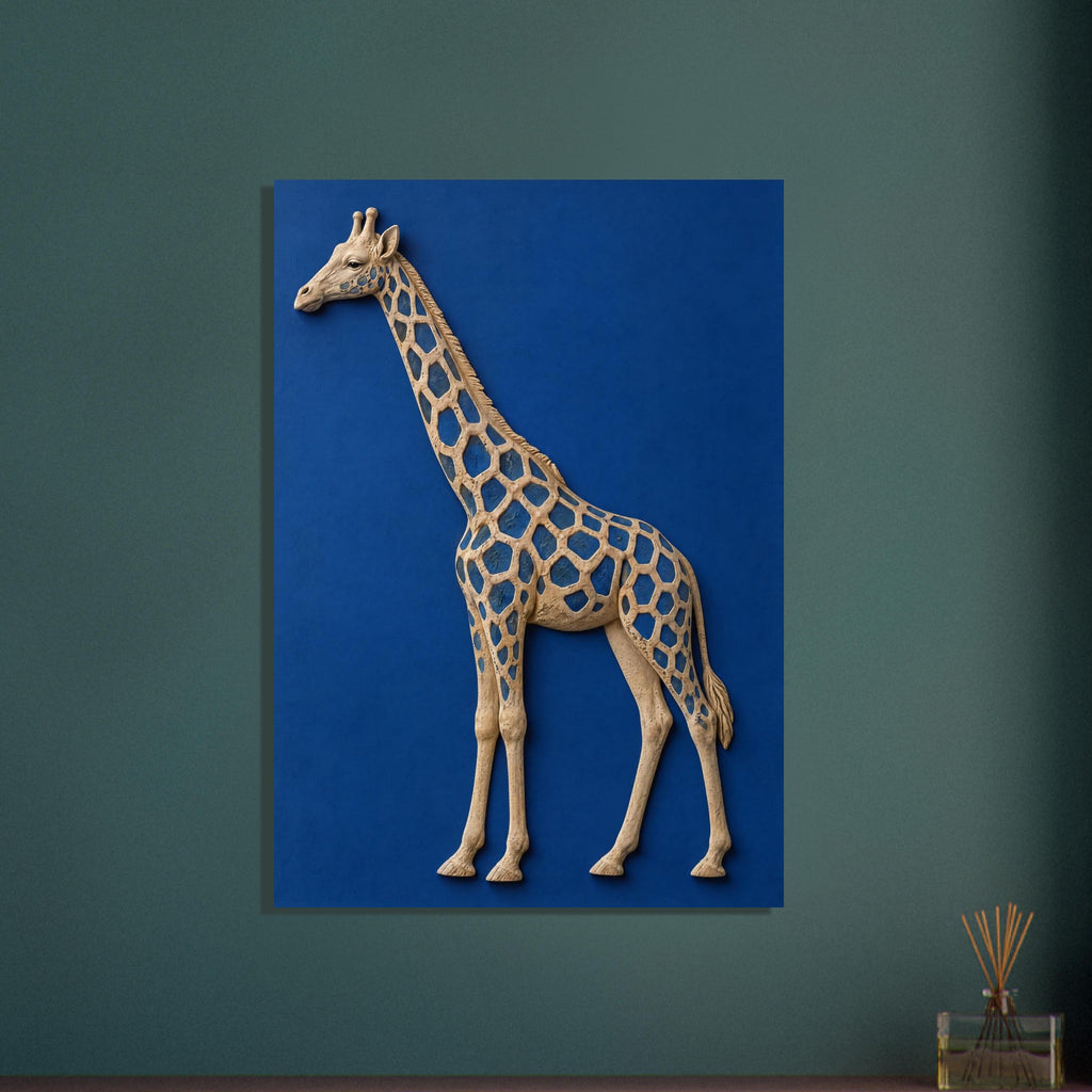Beige giraffe with blue patches and a raised, sculptural appearance against a textured cobalt blue background.