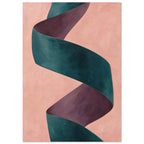 Twisting teal ribbon with plum-coloured inner folds on a textured peach background.