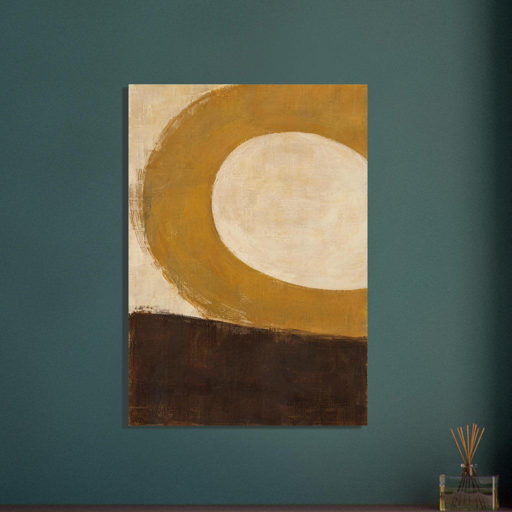 Broad ochre curve surrounding a rounded cream centre above a deep brown block, with visible brush marks throughout.