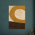Broad ochre curve surrounding a rounded cream centre above a deep brown block, with visible brush marks throughout.