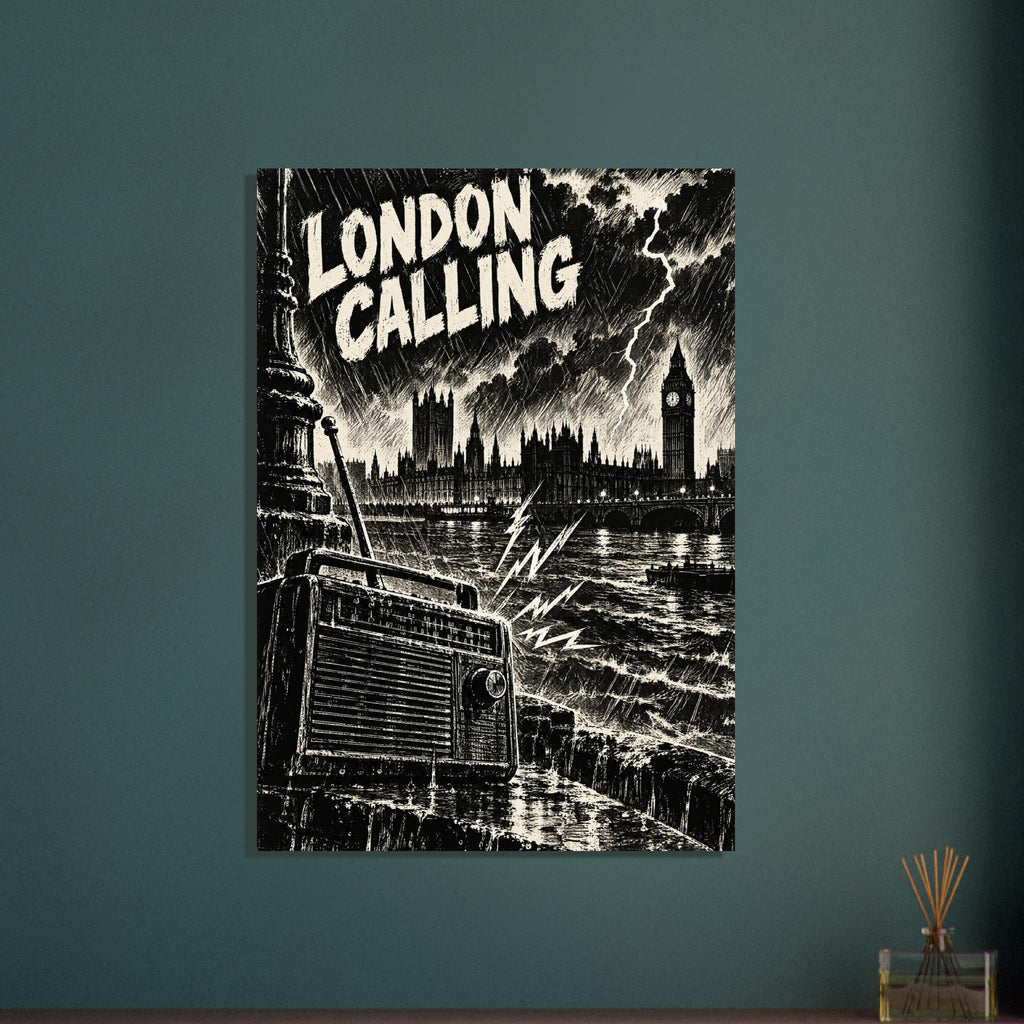 London Calling lettering above Big Ben, a stormy river and a foreground vintage radio, illustrated in black and cream.