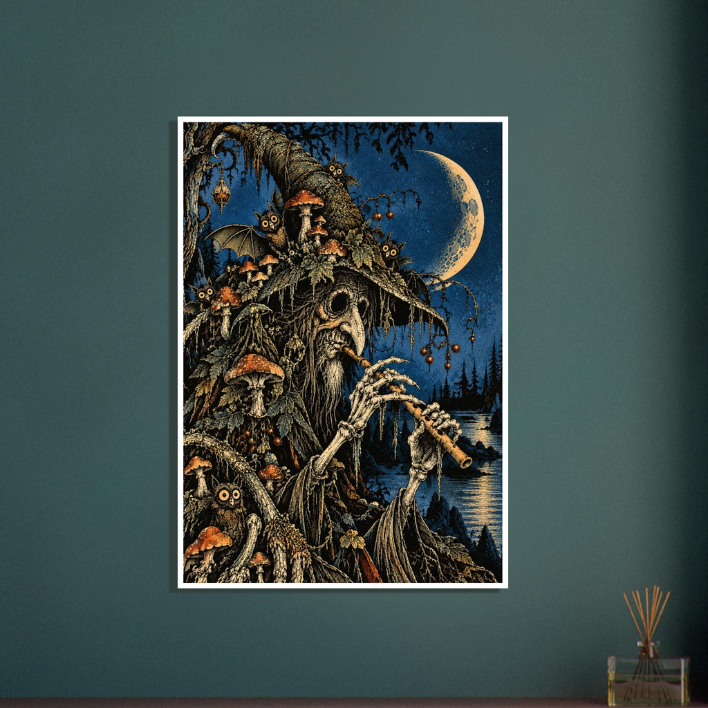 Skeletal, beaked musician in a mushroom-covered pointed hat plays a wind instrument beneath a crescent moon.