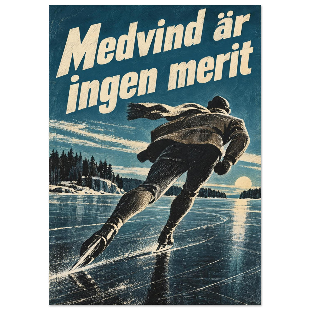 Långfärdsskridskoåkare i diagonal rörelse över svartis med turkosa isfält och texten Medvind är ingen merit.