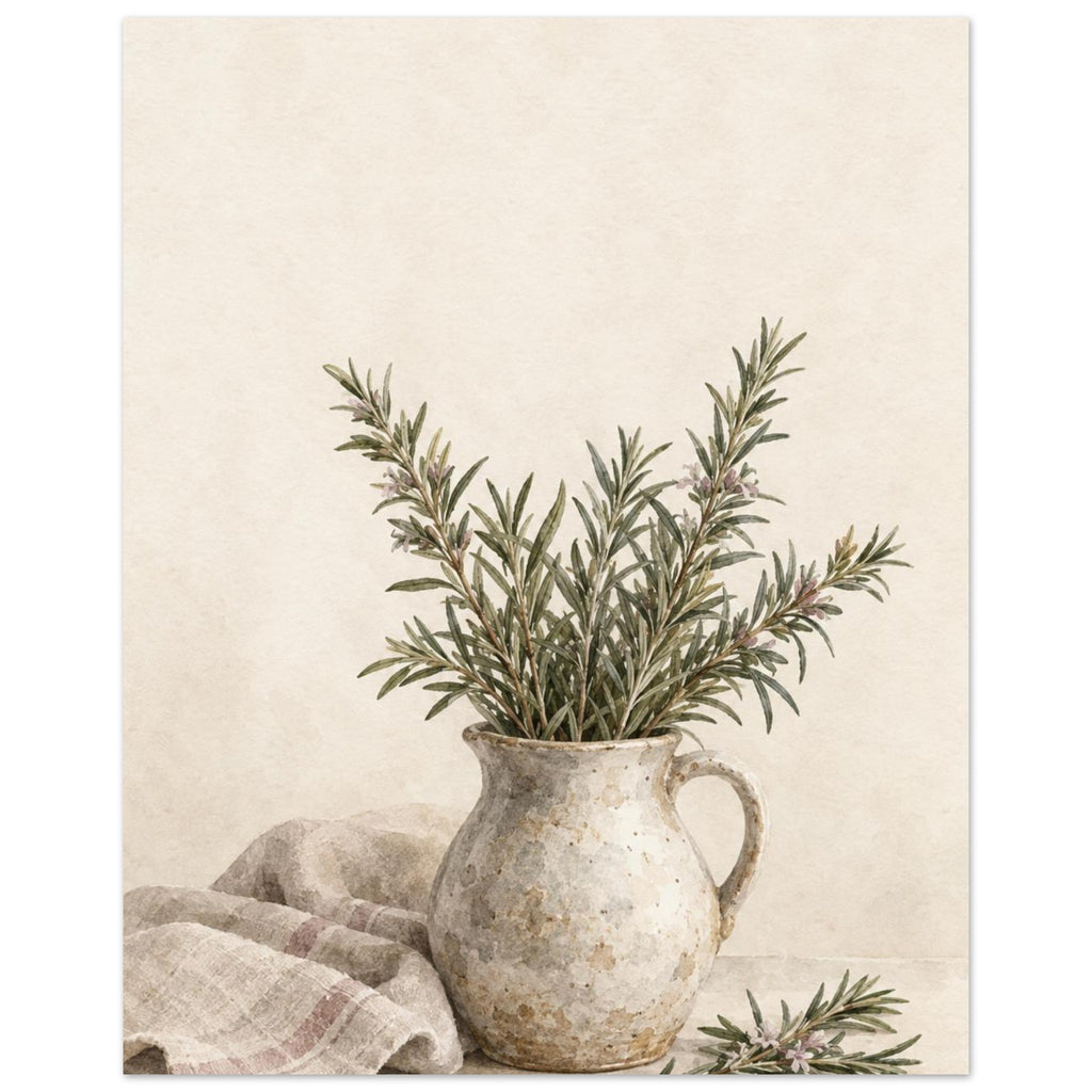Rosemary in a stoneware jug painted in watercolour, with loose stems and folded linen against a warm ivory background.