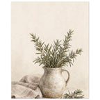 Rosemary in a stoneware jug painted in watercolour, with loose stems and folded linen against a warm ivory background.