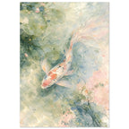 Long-finned koi with coral and dark markings swimming among lily pads in pale green, blue and blush watercolour washes.