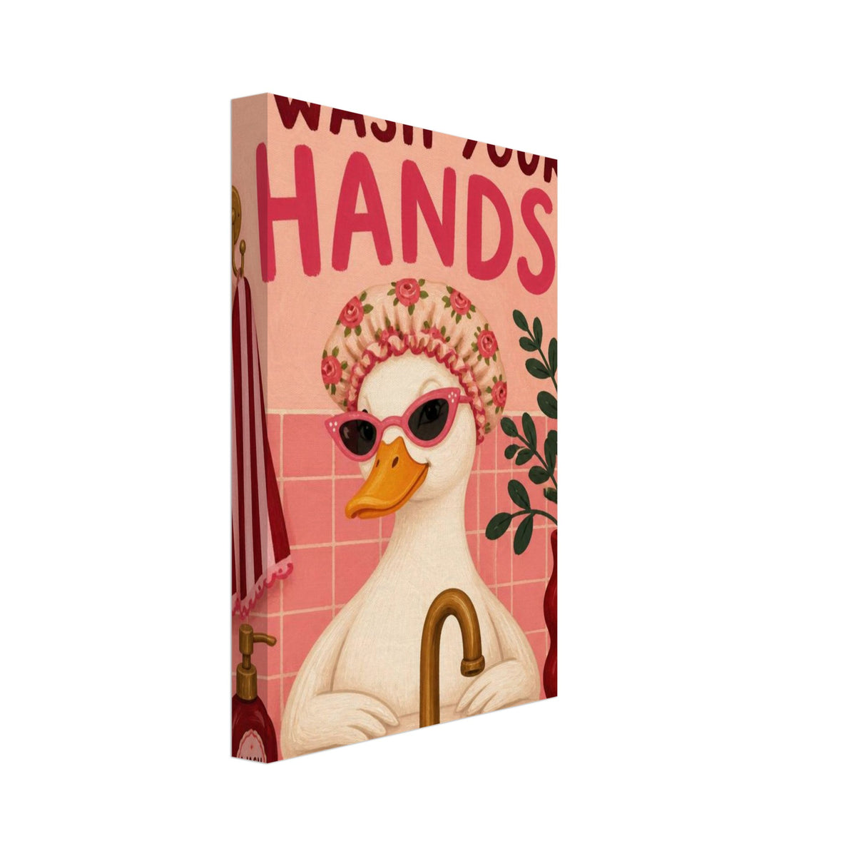 Duck in pink sunglasses and a floral shower cap at a sink, with ‘Did you wash your hands?’ text above.