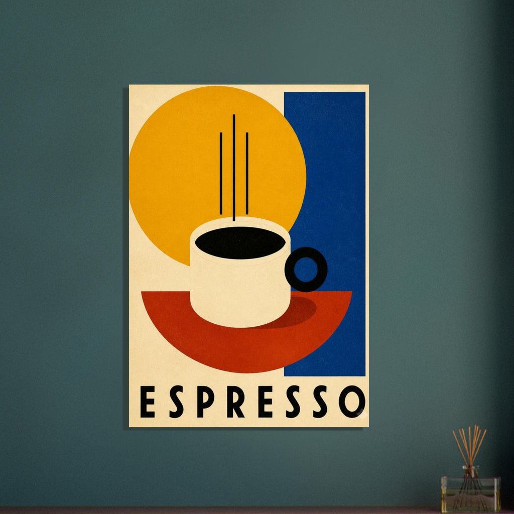 Cream espresso cup with black coffee, linear steam, yellow, blue and red geometric shapes, and bold ESPRESSO lettering.