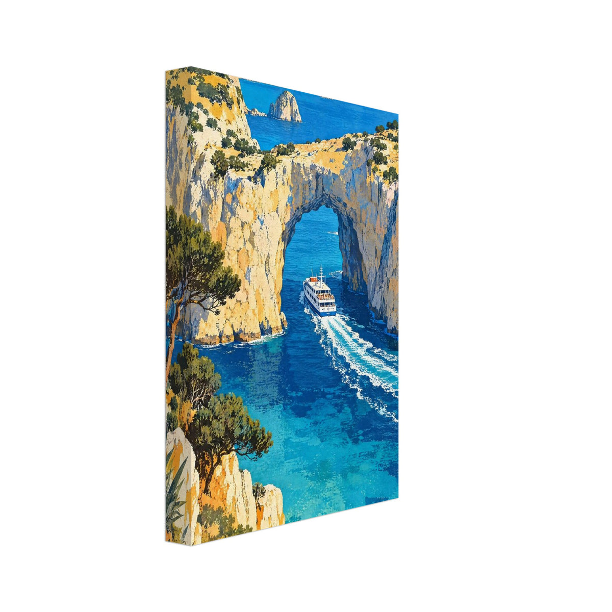 Sea arch in golden cliffs above turquoise water, with a white passenger boat, foamy wake and green coastal trees.