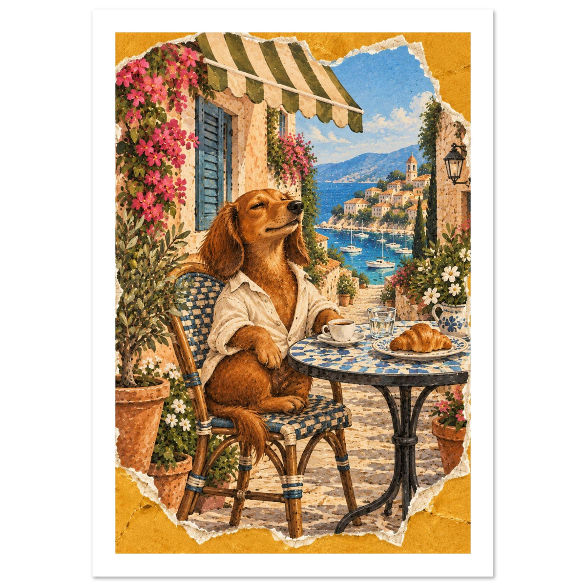 Dachshund in a white shirt at a café table with coffee and a croissant, overlooking a blue bay within a yellow border.