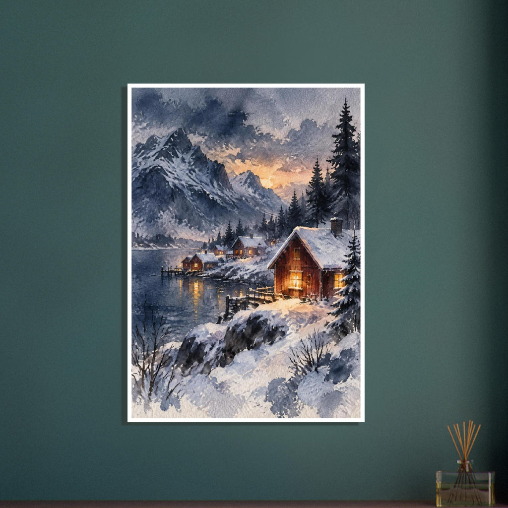 Snow-covered timber cabins with glowing windows beside a lake, backed by mountains and evergreen trees in watercolour.