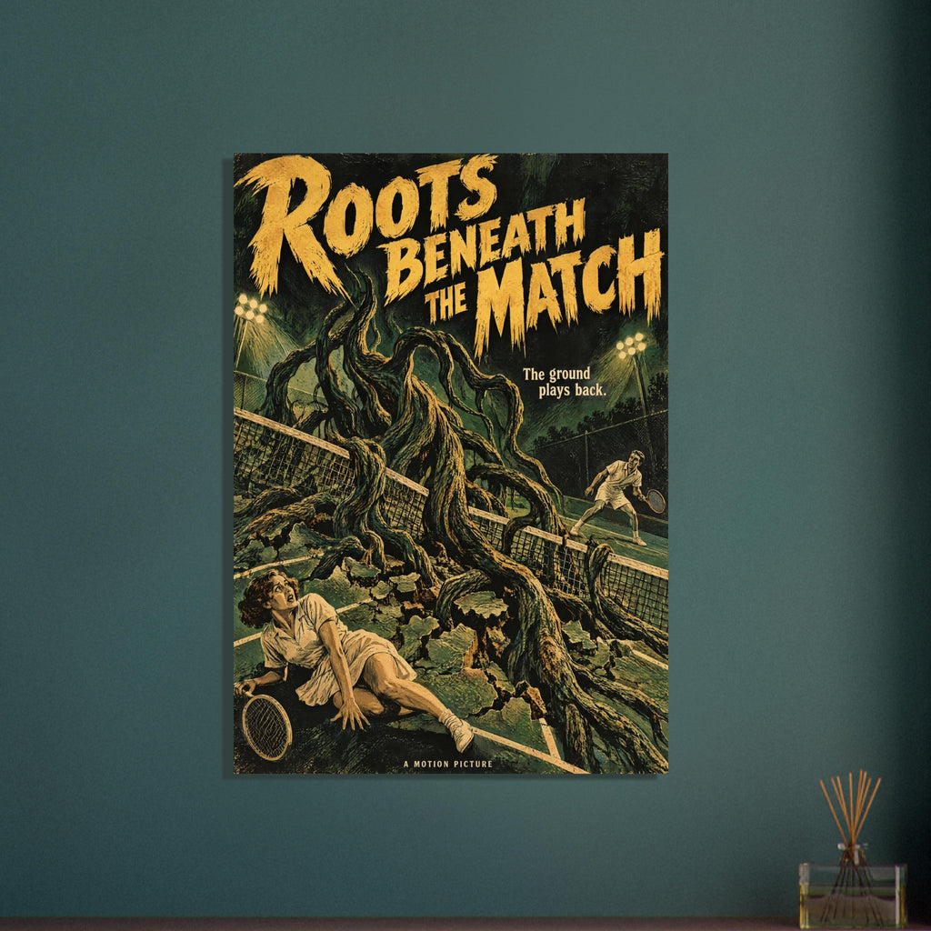 Giant roots tear through a tennis court around two players beneath yellow ‘Roots Beneath the Match’ lettering.
