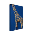 Beige giraffe with blue patches and a raised, sculptural appearance against a textured cobalt blue background.