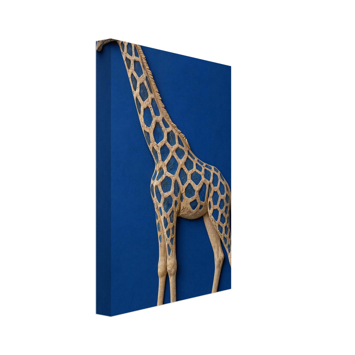 Beige giraffe with blue patches and a raised, sculptural appearance against a textured cobalt blue background.
