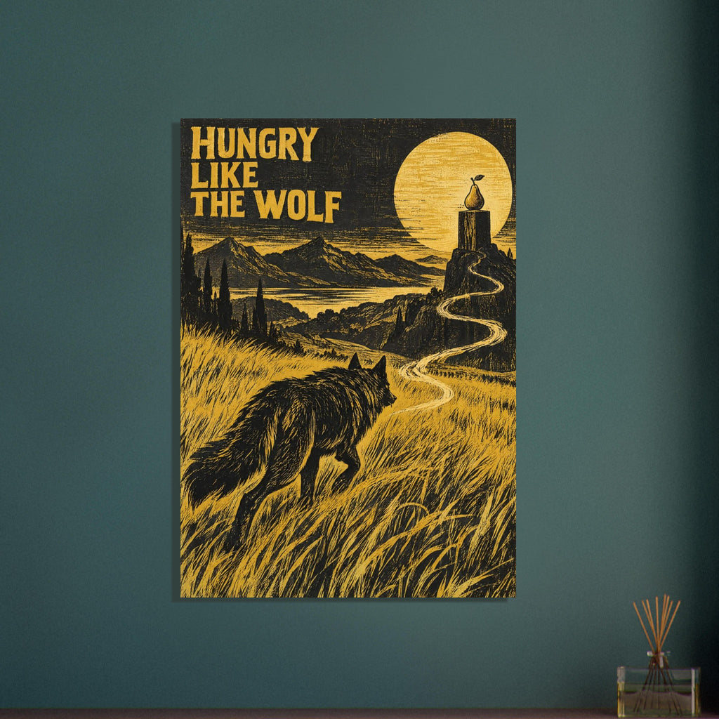 Wolf in black and yellow grass beneath “Hungry Like the Wolf” text, with a winding path leading to a pear on a pedestal.