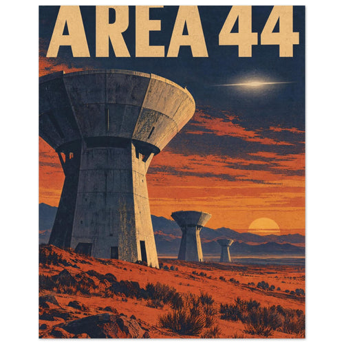 Three dish-shaped towers in an orange desert at sunset beneath a navy sky, with large golden Area 44 lettering.
