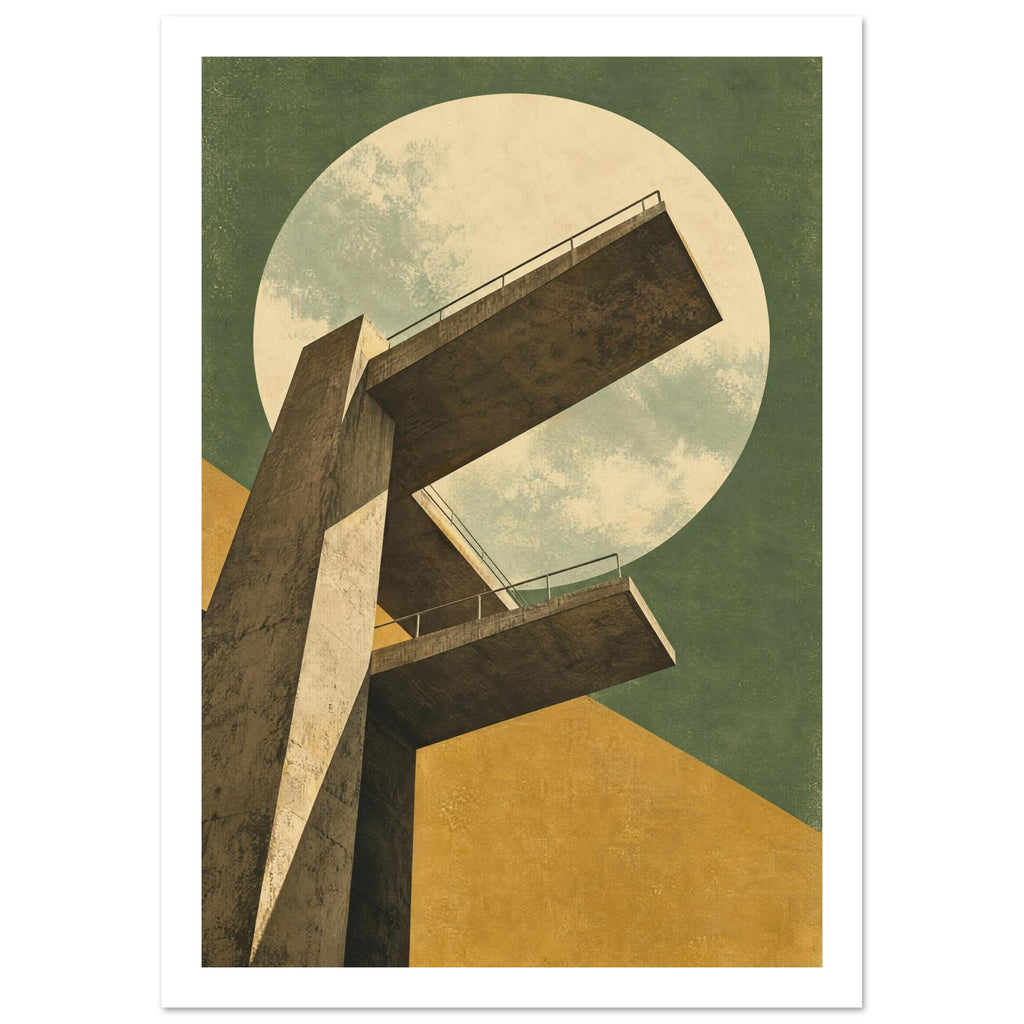 Concrete diving platforms viewed from below against a cream circle, olive green background and mustard geometric shapes.