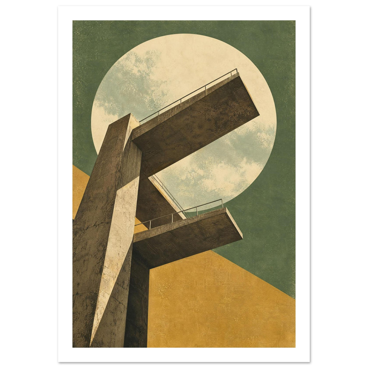 Concrete diving platforms viewed from below against a cream circle, olive green background and mustard geometric shapes.