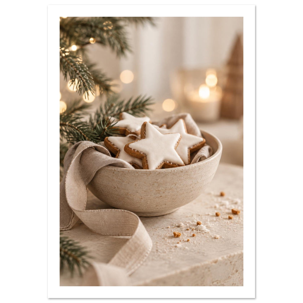 White-iced star biscuits in a linen-lined ceramic bowl, with evergreen branches, warm blurred lights and scattered crumbs.