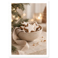 White-iced star biscuits in a linen-lined ceramic bowl, with evergreen branches, warm blurred lights and scattered crumbs.