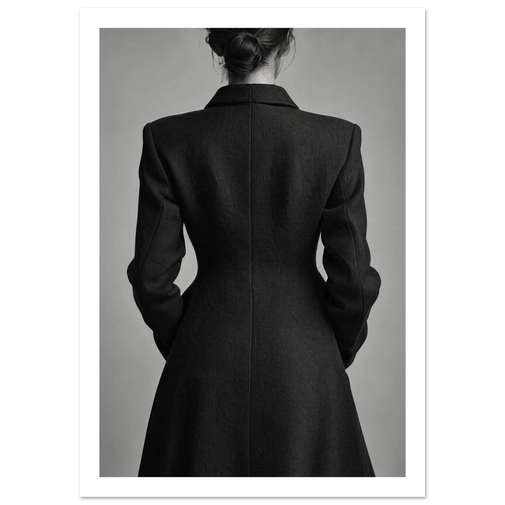 Woman seen from behind with her hair in a bun, wearing a fitted dark coat against a grey background in black and white.