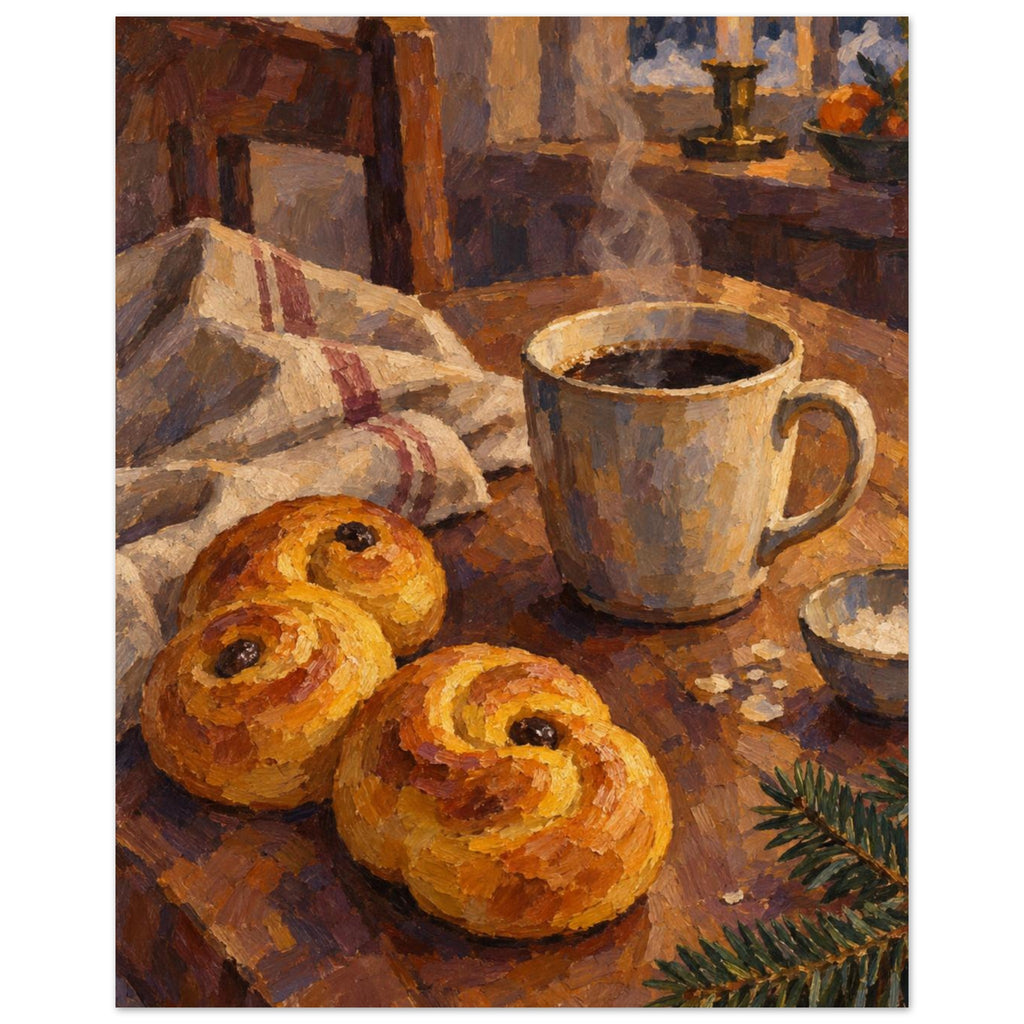 Saffron Buns at Dusk shows two saffron buns, coffee, folded linen and a fir sprig on a tilted table in ochre, aubergine and o