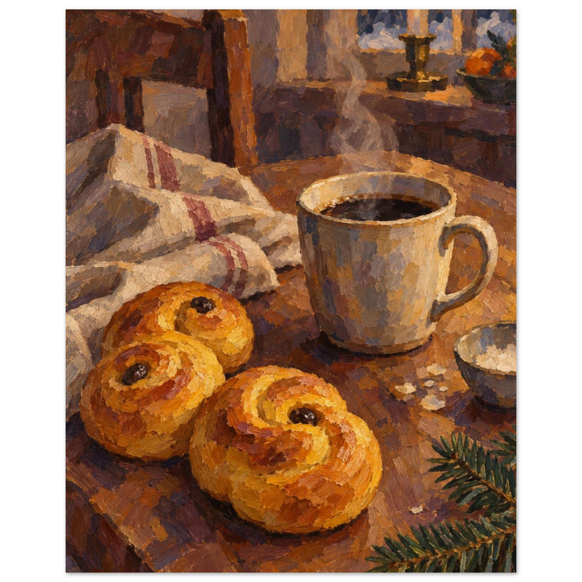 Saffron Buns at Dusk shows two saffron buns, coffee, folded linen and a fir sprig on a tilted table in ochre, aubergine and o