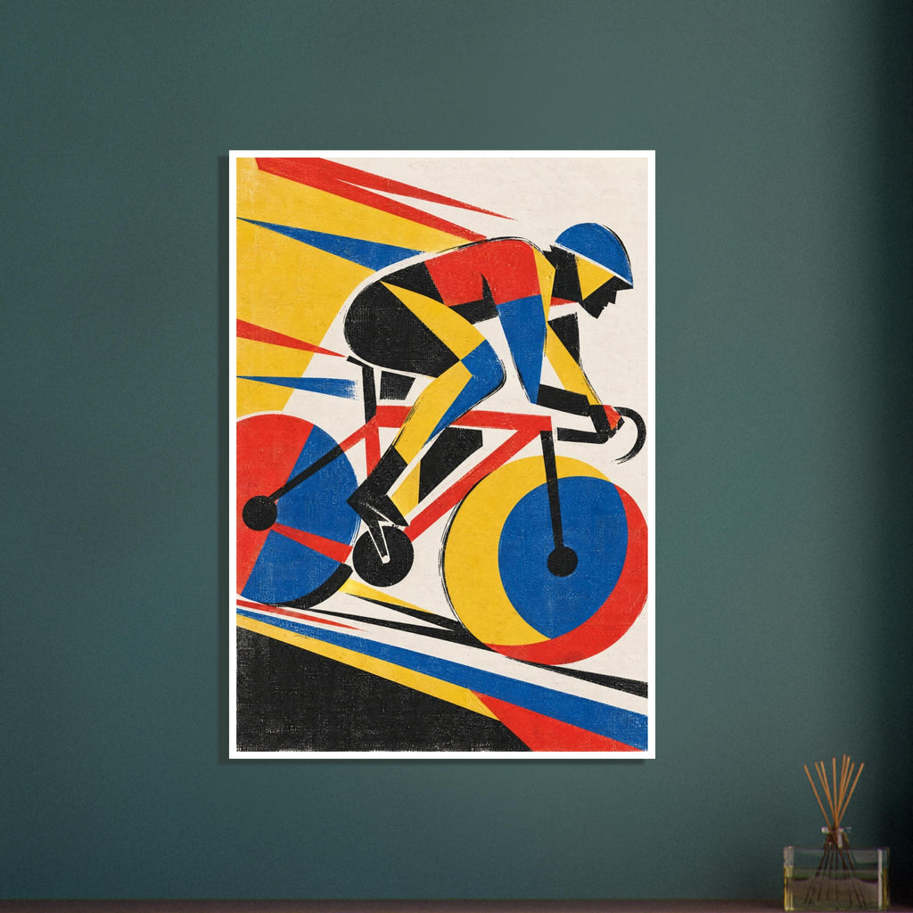 Geometric cyclist on a racing bicycle in red, yellow, blue and black, with diagonal streaks and distressed texture.
