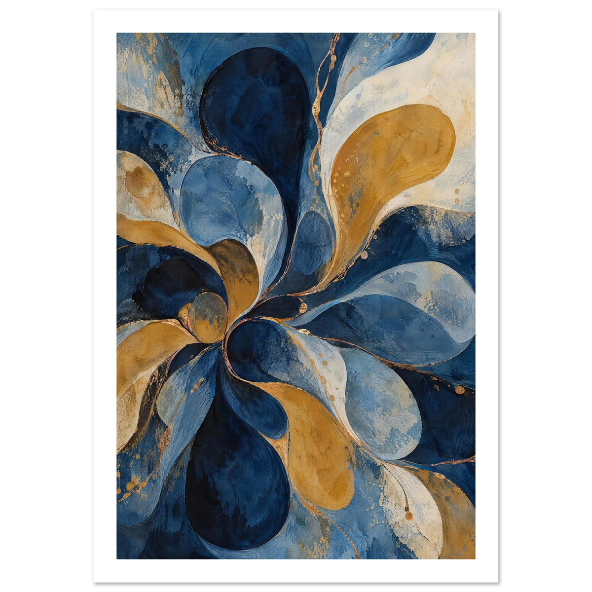 Blue And Ochre Abstract Swirl Art Print – White Border