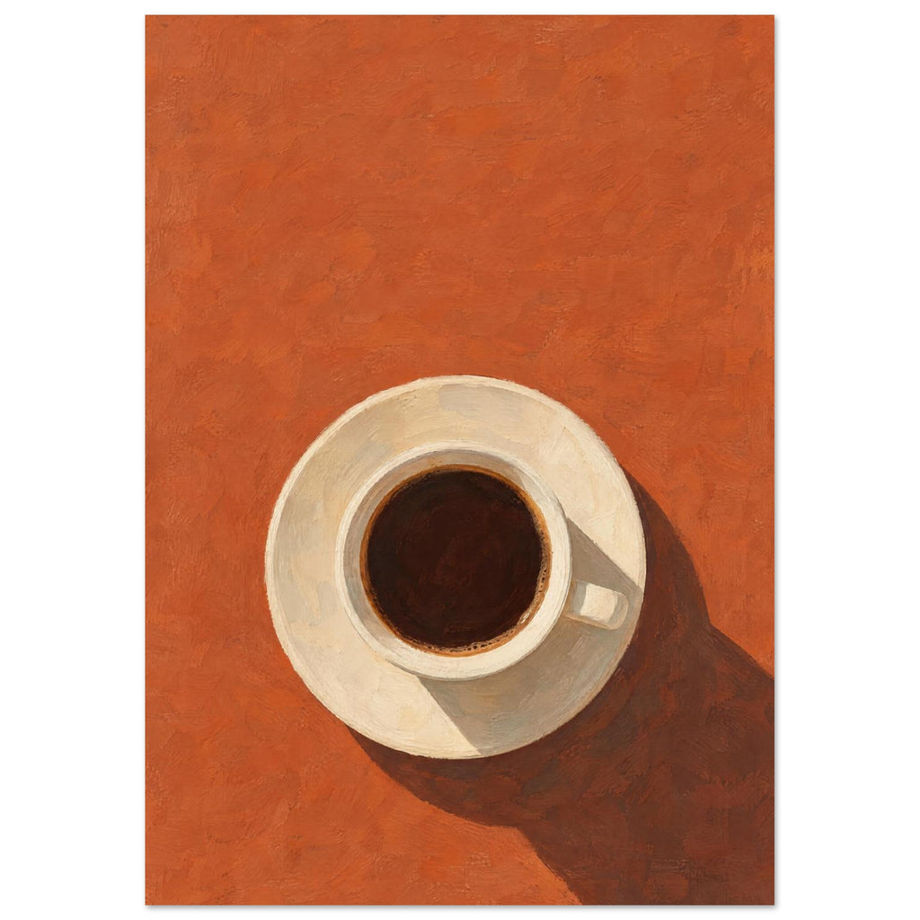 Cream cup filled with dark coffee on a saucer, viewed from above against terracotta orange with a long brown shadow.